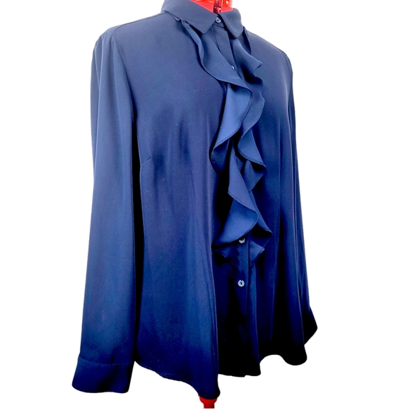 Chicos Colbalt Blue Ruffle Front Silky Blouse Size 2 Medium 12-14 - Picture 6 of 14